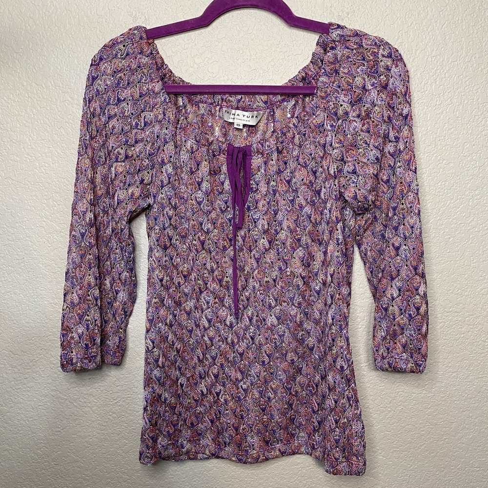 Trina Turk Top‎ Womens Small Colorful Crochet Knit Bohemian 3/4 Sleeves Blouse